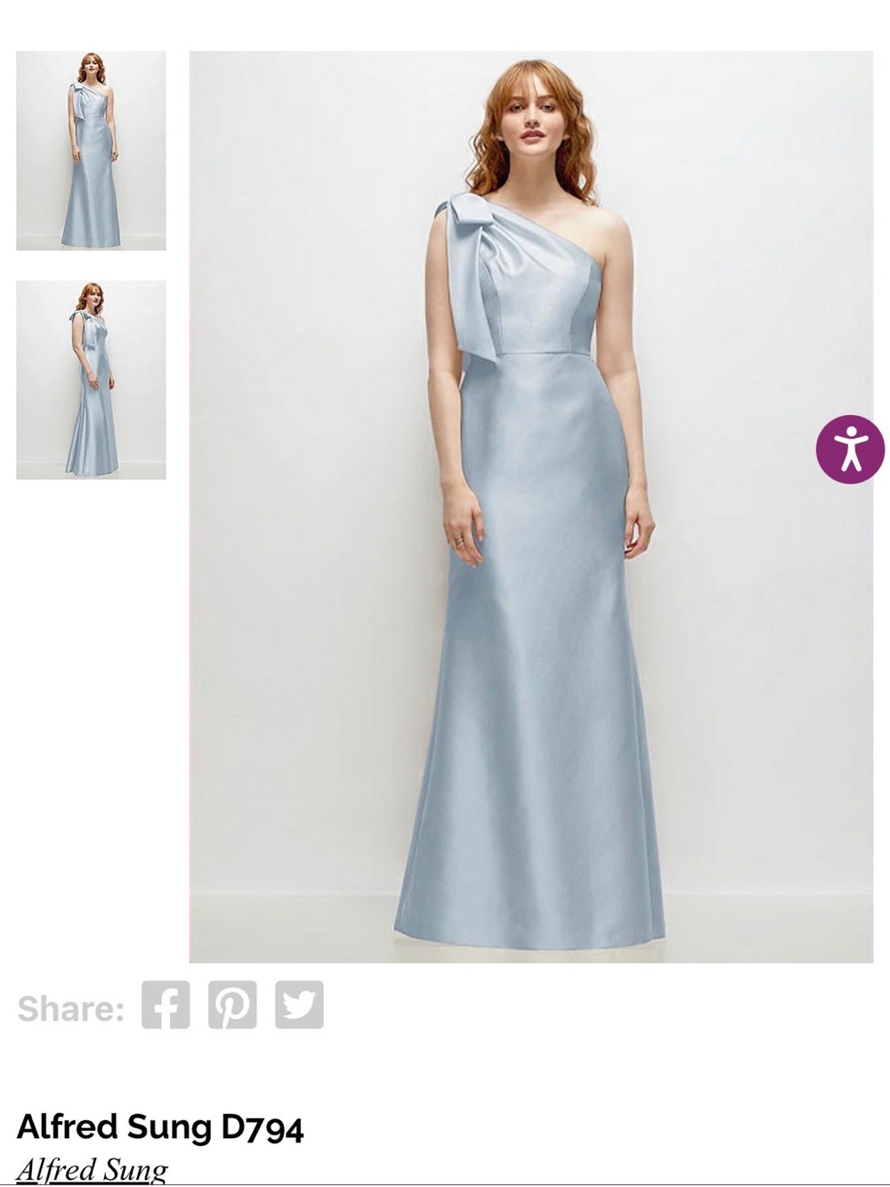 ALFRED SUNG One-Shoulder Pale Blue Satin Gown with Bow-Accent